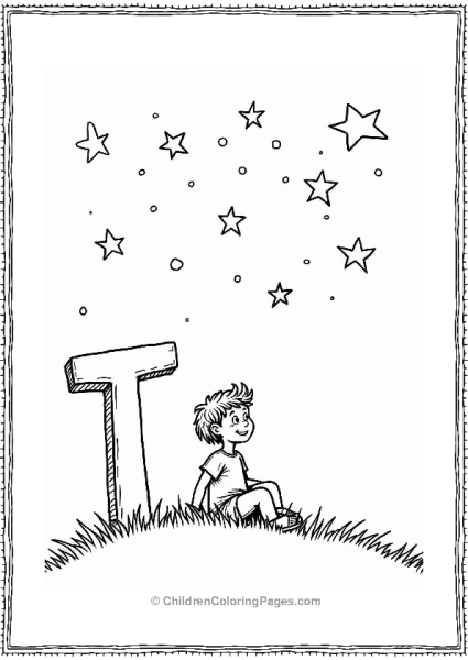 Child Gazing At Stars With Letter T Free PDF Printable