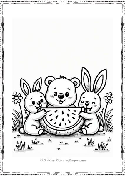 Cute Animals Enjoying Watermelon At A Sunny Party Free PDF Printable