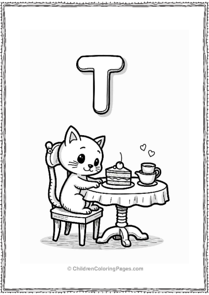 Cute Cat At Tea Table With Letter T Free PDF Printable