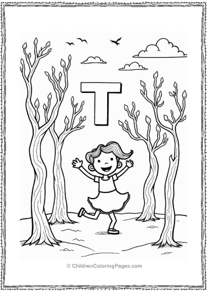 Dancing Character Among Whimsical Trees With Letter T Free PDF Printable