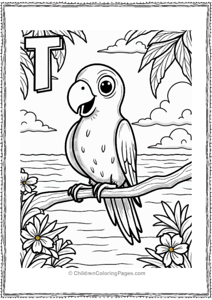 Dancing Parrot On A Tropical Branch With Letter T Free PDF Printable