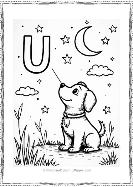 Dog Admiring Stars With Letter U Free PDF Printable