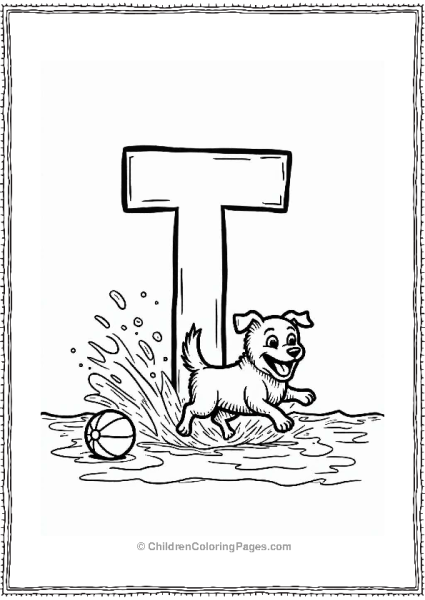 Excited Dog Jumping At The Beach With Letter T Free PDF Printable