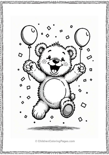 Excited Teddy Bear With Confetti And Balloons Free PDF Printable