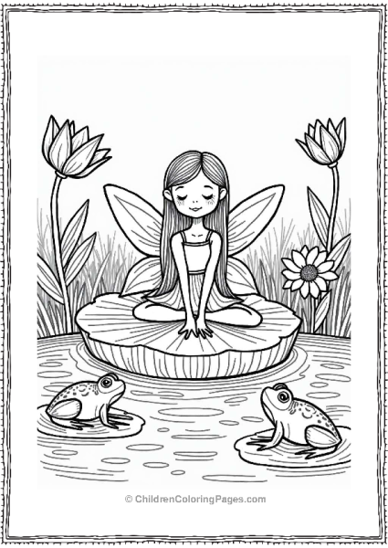 Fairy On A Lily Pad In A Magical Pond Flower Coloring Page Free PDF Printable