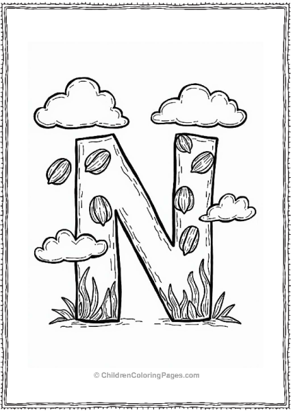 Floating Letter N With Nuts And Clouds Free PDF Printable