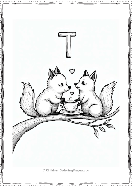 Fox And Bird Having Tea With Letter T Free PDF Printable