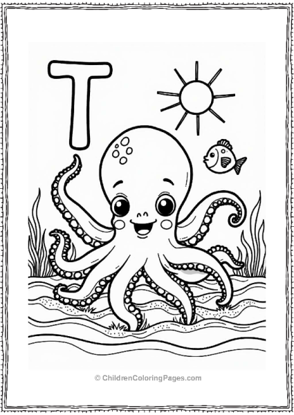 Friendly Octopus Waving In The Waves With Letter T Free PDF Printable