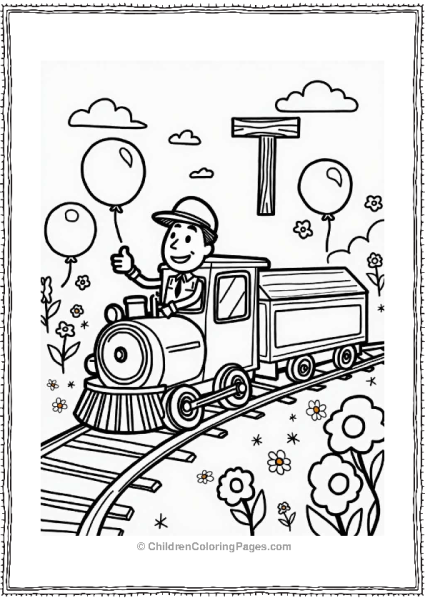 Friendly Train In A Balloon Field With Letter T Free PDF Printable