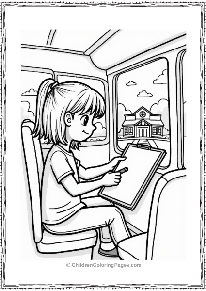 Girl Drawing School On Bus Free PDF Printable