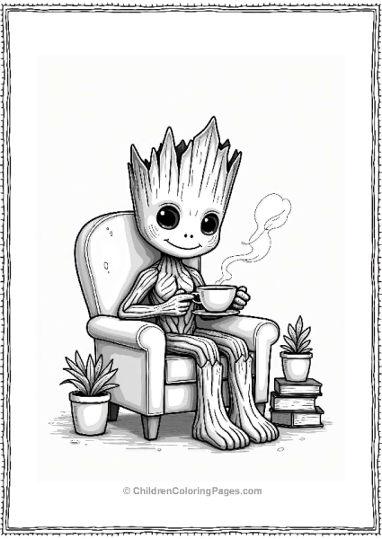 Groot Enjoying Tea In A Cozy Chair Free PDF Printable