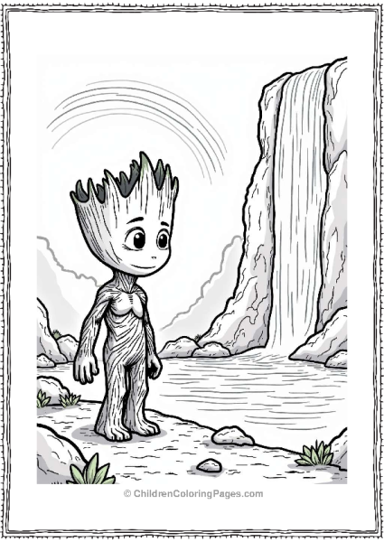 Groot Near A Waterfall With A Rainbow Free PDF Printable