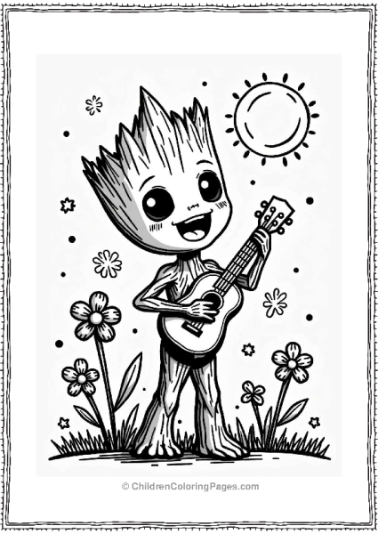 Groot Playing Ukulele Surrounded By Flowers Free PDF Printable