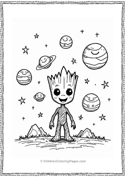 Groot Surrounded By Smiling Planets Free PDF Printable