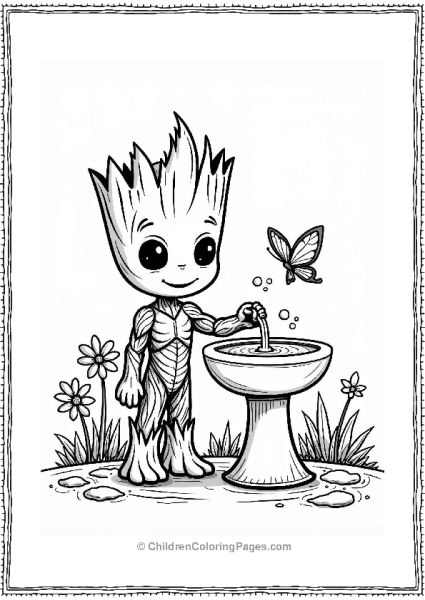 Groot Watering Flowers By A Fountain Free PDF Printable