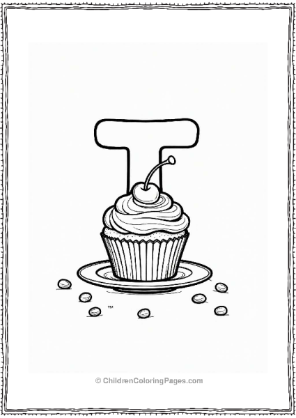 Happy Cupcake With Cherry And Candies With Letter T Free PDF Printable