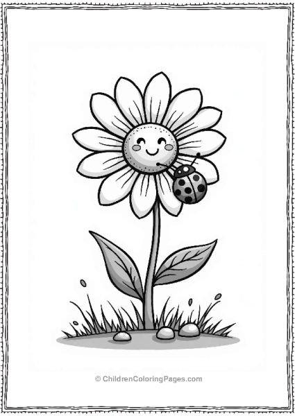 Happy Daisy And Curious Ladybug Flower Coloring Page Free PDF Printable