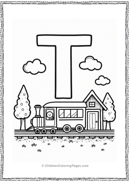 Happy Train At Simple Station With Letter T Free PDF Printable