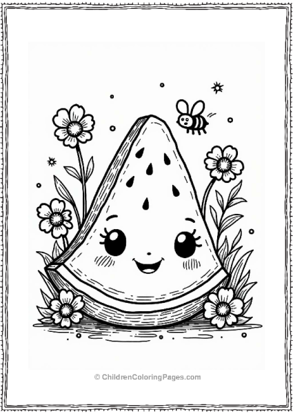 Happy Watermelon Slice Surrounded By Flowers Free PDF Printable