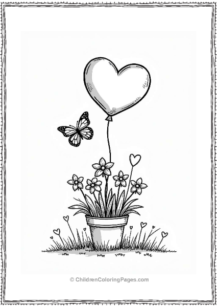 Heart Shaped Valentine’s Balloons In A Flower Garden Free PDF Printable