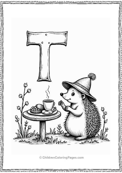 Hedgehog Enjoying Tea In A Garden With Letter T Free PDF Printable