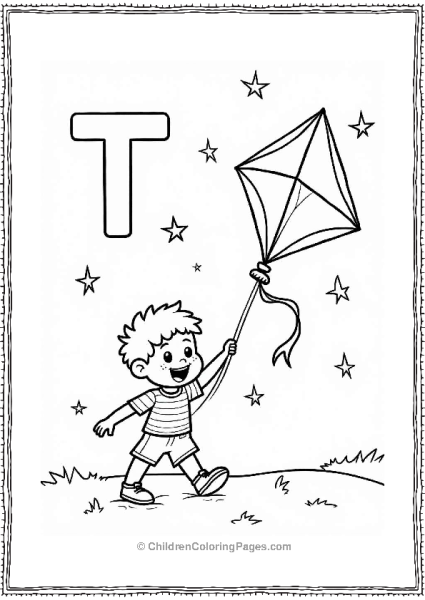 Joyful Boy Flying Kite Under Stars Forming T With Letter T Free PDF Printable