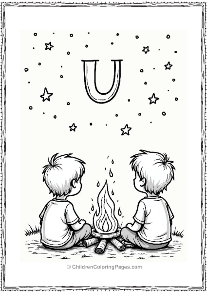 Kids By Campfire Under Letter U Free PDF Printable