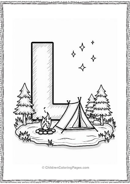 Lakeside Camping Scene Letter L Coloring Page Free PDF Printable