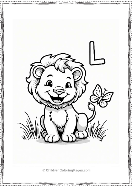 Laughing Lion Cub With Butterfly Letter L Coloring Page Free PDF Printable