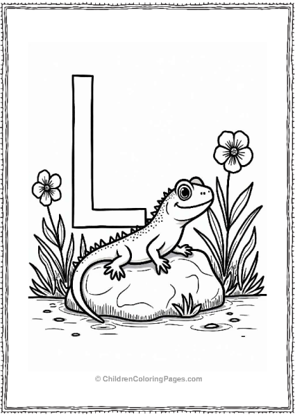 Lazy Lizard Sunbathing On A Rock Letter L Coloring Page Free PDF Printable