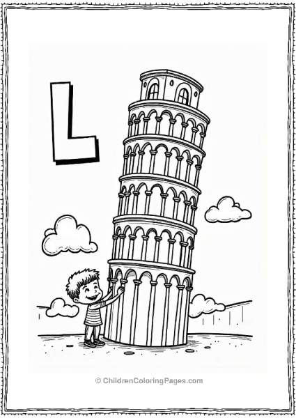 Leaning Tower Of Pisa With Child Letter L Coloring Page Free PDF Printable