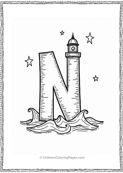 Letter N Lighthouse With Waves Free PDF Printable