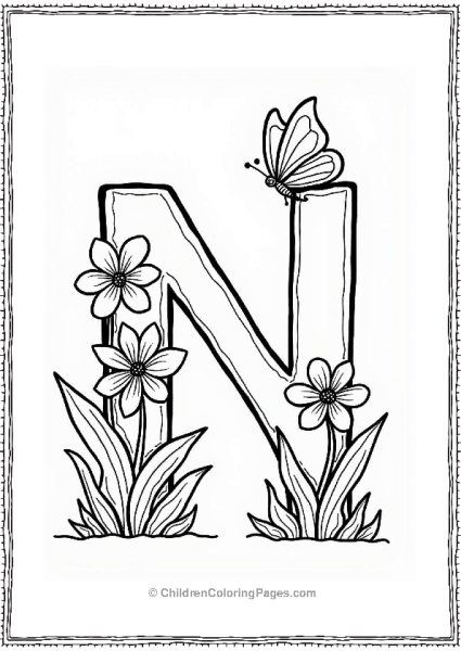 Letter N With Flowers And Butterfly Free PDF Printable