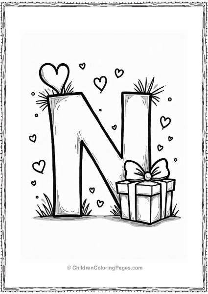 Letter N With Gift Box And Hearts Free PDF Printable