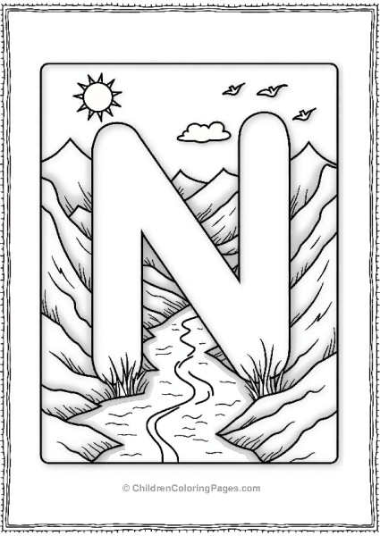 Letter N With River And Hills Free PDF Printable