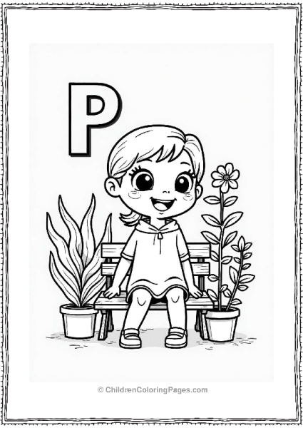 Letter P Character On A Bench With Plants Free PDF Printable