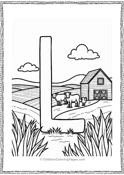 Lively Farm Landscape With Barn And Animals Letter L Coloring Page Free PDF Printable