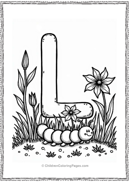 Lively Lawn With Flowers And Caterpillar Letter L Coloring Page Free PDF Printable