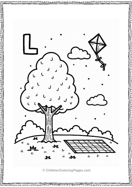 Lively Park Scene With Kite Letter L Coloring Page Free PDF Printable