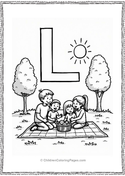 Loving Family Picnic In The Park Letter L Coloring Page Free PDF Printable