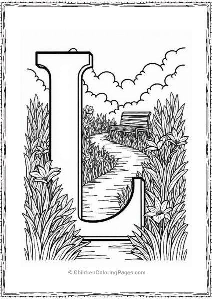 Lush Garden Path With Bench Letter L Coloring Page Free PDF Printable