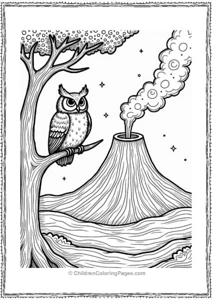 Magical Owl Overlooking Erupting Volcano Free PDF Printable