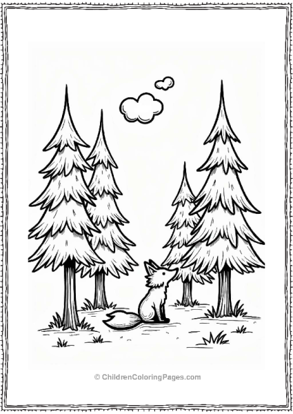 Mystic Pine Forest With Curious Fox Tree Coloring Page Free PDF Printable