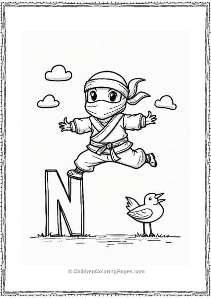 Ninja Jumping With Letter N Free PDF Printable