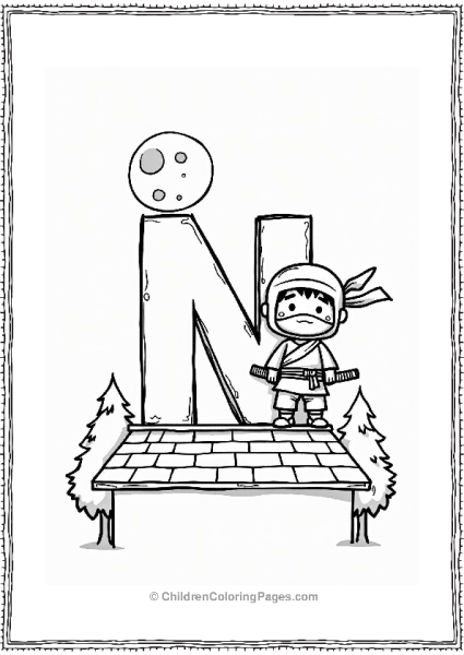 Ninja On A Rooftop With Letter N Free PDF Printable