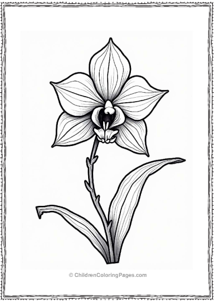 Orchid With Leaves Flower Coloring Page Free PDF Printable