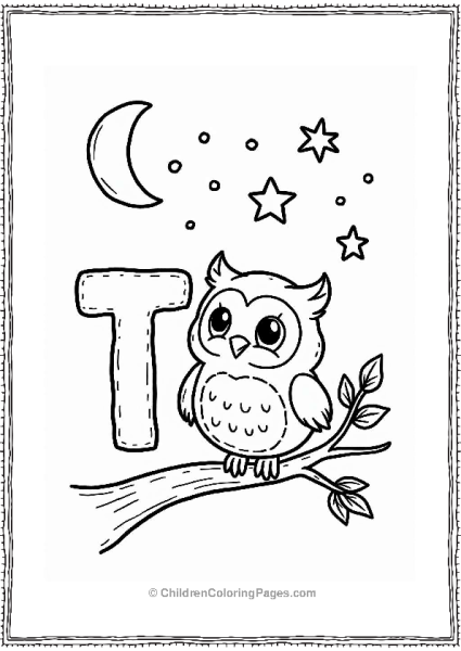 Owl Perched Under Stars Forming Letter T Free PDF Printable