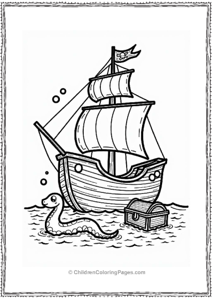 Pirate Ship With Treasure Chest And Sea Serpent Free PDF Printable