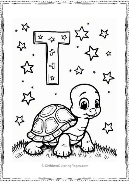 Playful Turtle Under A Starry Sky With Letter T Free PDF Printable