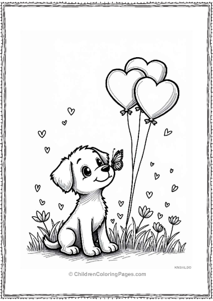 Puppy With Heart Valentine’s Balloons In A Flower Field Free PDF Printable